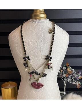 Betsey Johnson Novelty Charm Necklace with Lips, Mustache, and Phone Charms